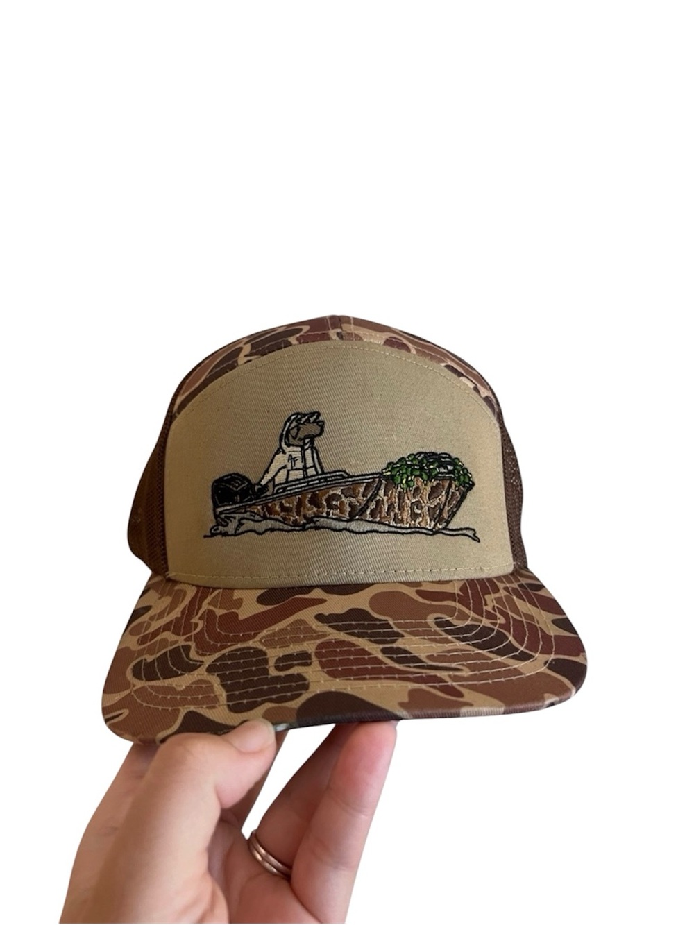 American Fetcher Brown Camo Trucker Hat with Dog Logo